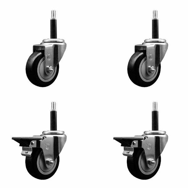 Service Caster 3.5'' Black Poly Wheel Swivel 3/4'' Expanding Stem Caster Set 2 Brakes, 4PK SCC-EX20S3514-PPUB-BLK-2-PLB-2-34